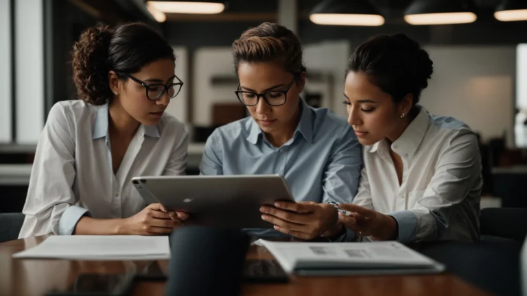 two business owners intently review a document on a tablet, discussing their strategy while sitting in a modern office.
