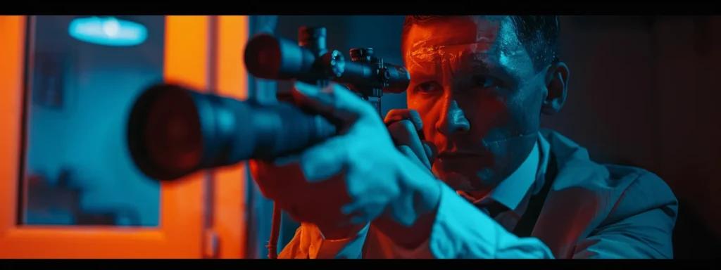 a business professional using a thermal scope to scan the dark night for hidden objects.