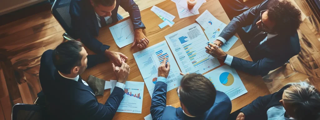 group of business professionals gathered around a table, pointing at a chart displaying improved pet health metrics attributed to ultimate pet nutrition ingredients.